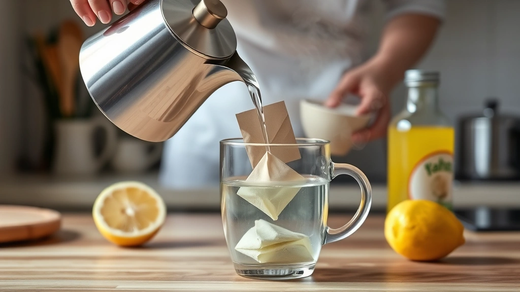 process: hands pouring hot water from kettle over tea bags in glass mug, steam visible, apple juice bottle and lemon nearby, photorealistic, natural kitchen light, no text