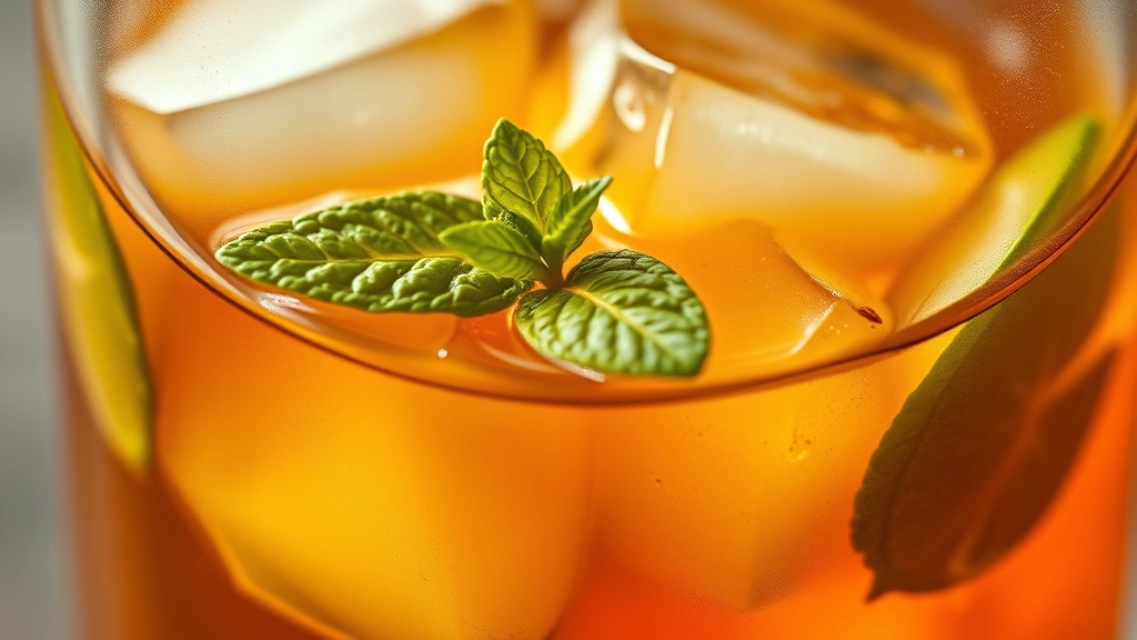 detail: close-up of finished Medicine Ball drink showing layers of tea and juice, ice cubes, fresh mint leaf floating, golden amber color, photorealistic, natural light, no text