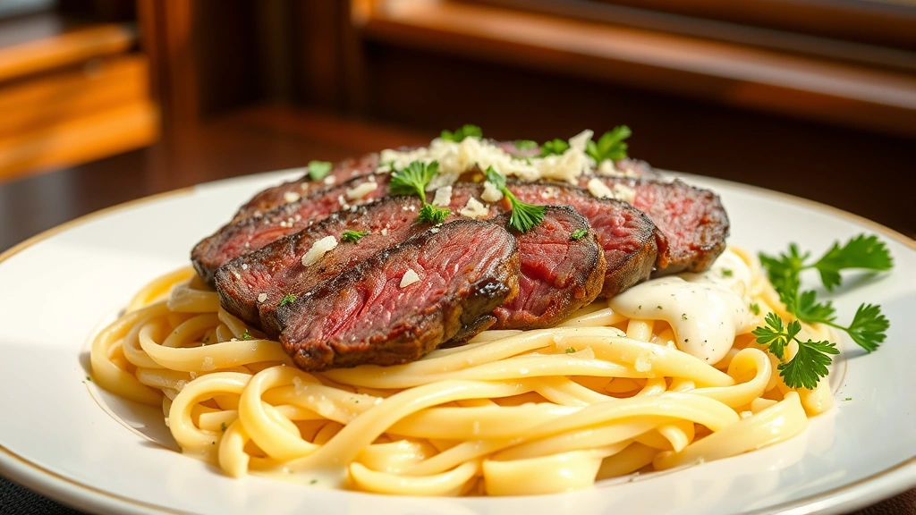 hero: plated steak alfredo with sliced ribeye steak on top of fettuccine with creamy sauce, garnished with parsley and parmesan, photorealistic, natural window light, elegant plating, no text