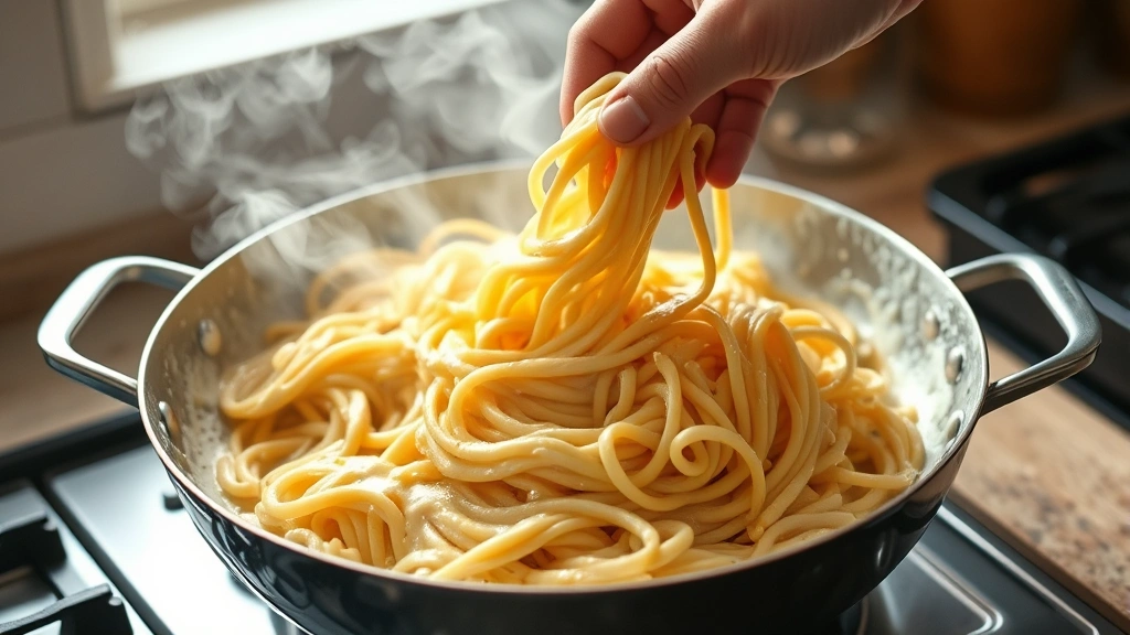 process: hand tossing pasta in creamy alfredo sauce in a large pan, steam rising, photorealistic, warm kitchen lighting, no text
