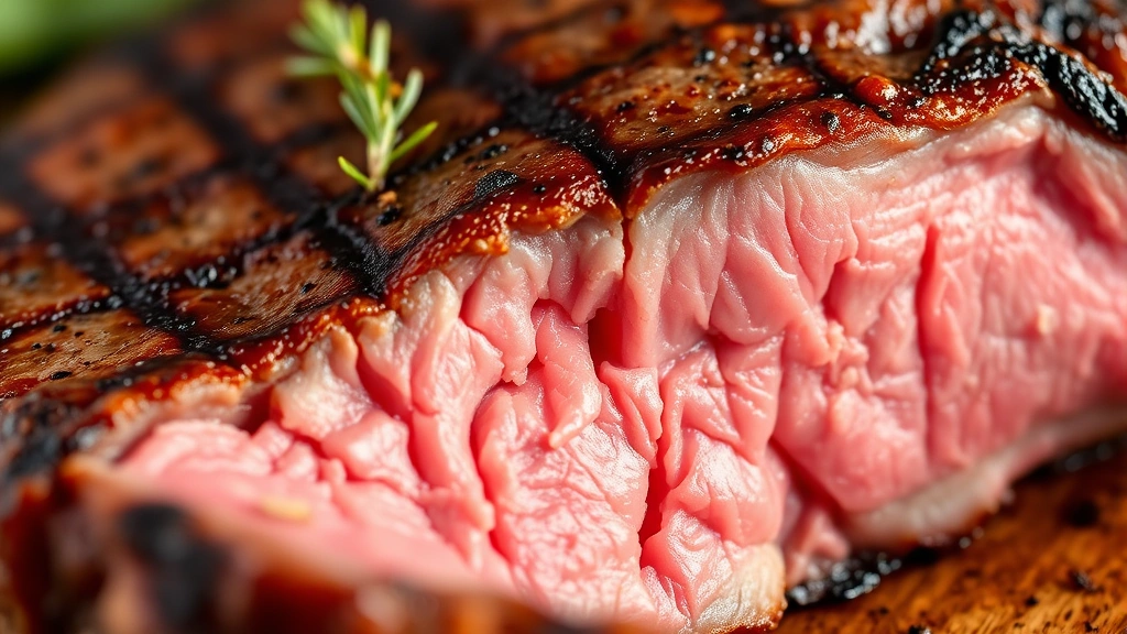 detail: close-up of perfectly seared steak with golden crust and tender pink interior, sliced against the grain, photorealistic, natural light, no text