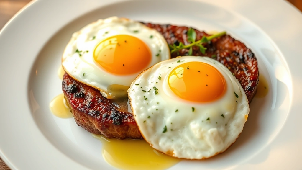 hero: perfectly seared steak with two sunny-side up eggs on a white plate, melted butter and fresh herbs garnish, warm golden lighting, steam visible, no text or watermark