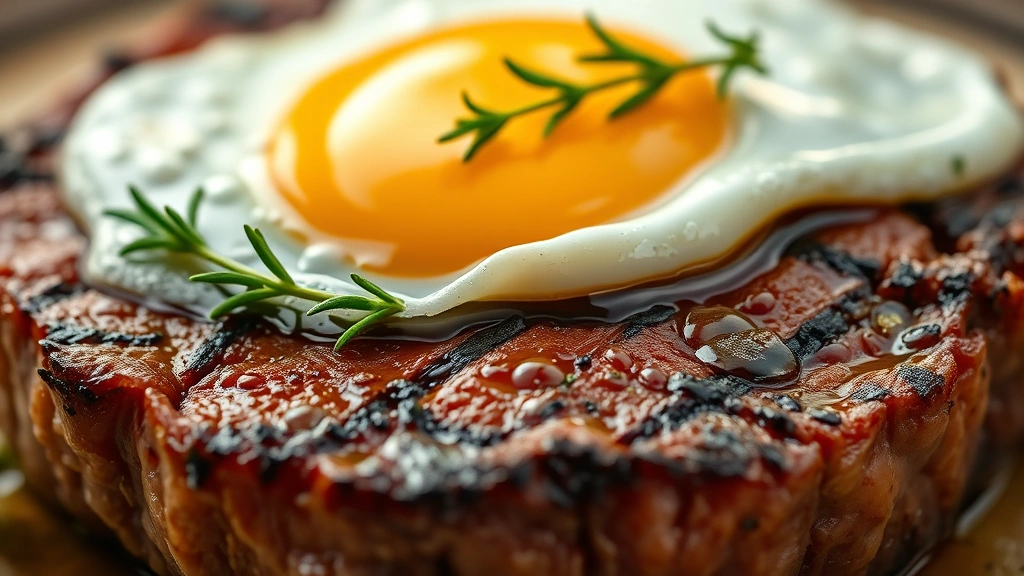 detail: close-up of runny egg yolk breaking over perfectly medium-rare steak, butter pooling, fresh thyme sprig garnish, macro photography, warm natural light, no text