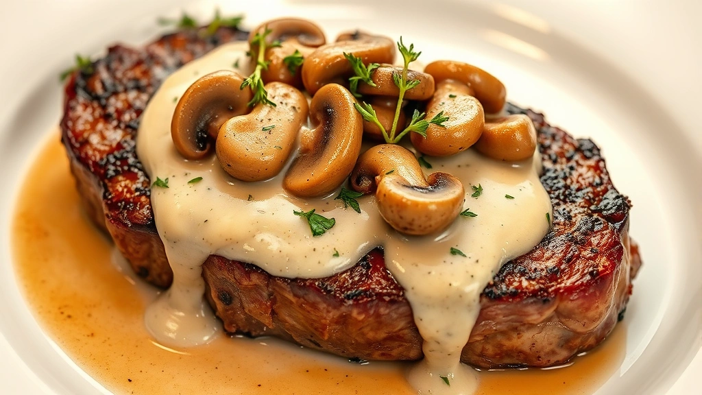 hero: perfectly seared steak topped with creamy mushroom sauce and fresh thyme, medium-rare with visible pink center, plated elegantly, photorealistic, warm natural lighting, no text