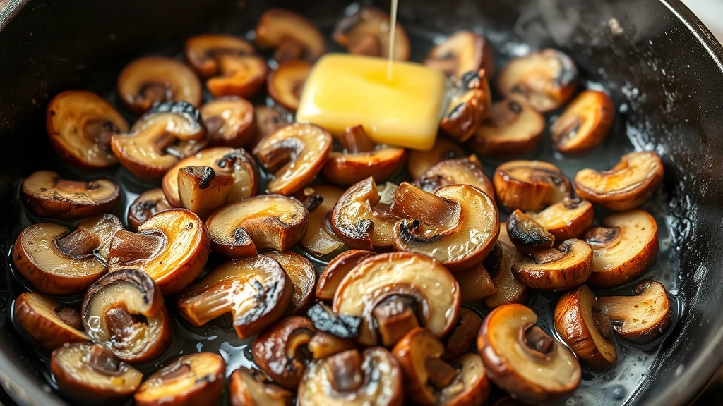 process: sliced mushrooms caramelizing in a cast iron skillet with melting butter and garlic, golden brown mushrooms, steam rising, photorealistic, natural kitchen lighting, no text