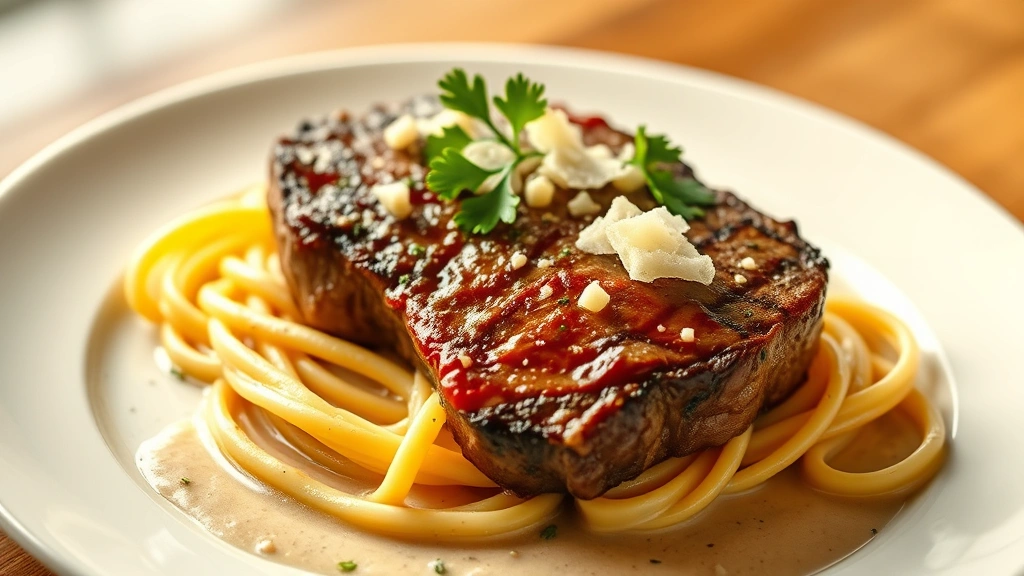 hero: plated steak and fettuccine pasta with creamy sauce, fresh parsley garnish, Parmesan cheese, warm golden lighting, white plate, photorealistic, natural light, no text