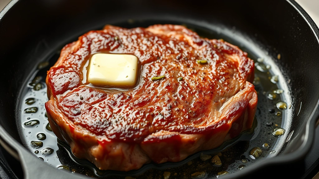 process: medium-rare steak sizzling in cast iron skillet with butter and garlic, golden crust forming, photorealistic, natural light, no text