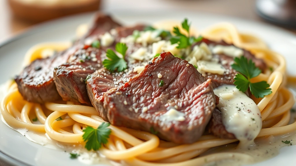 detail: close-up of sliced steak on fresh pasta with rich cream sauce, garnished with parmesan and parsley, shallow depth of field, photorealistic, natural light, no text
