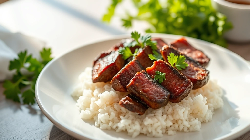 hero: perfectly cooked sliced steak over fluffy rice on white plate, garnished with fresh parsley, natural morning light streaming from left, shallow depth of field, professional food photography style