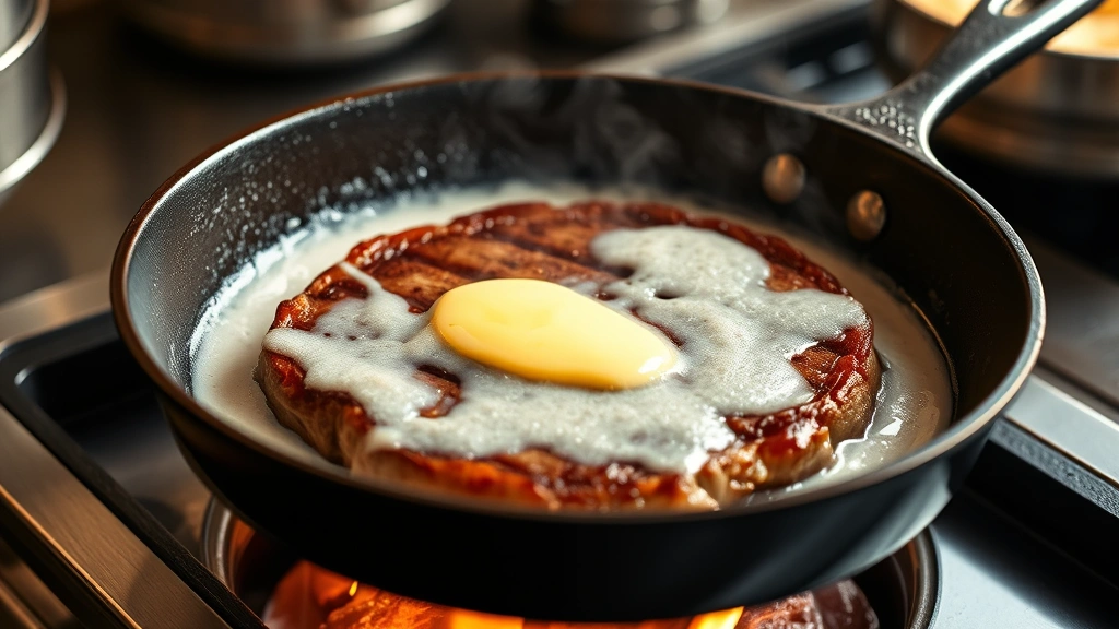 process: sizzling steak in cast iron skillet with butter foam, golden crust forming, steam rising, restaurant kitchen aesthetic, warm natural light