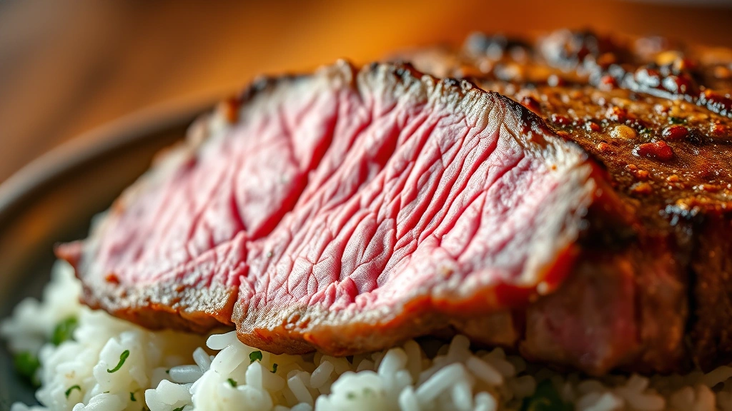 detail: close-up of sliced medium-rare steak showing pink interior and golden crust, resting on bed of jasmine rice with herbs, macro photography style, warm backlighting