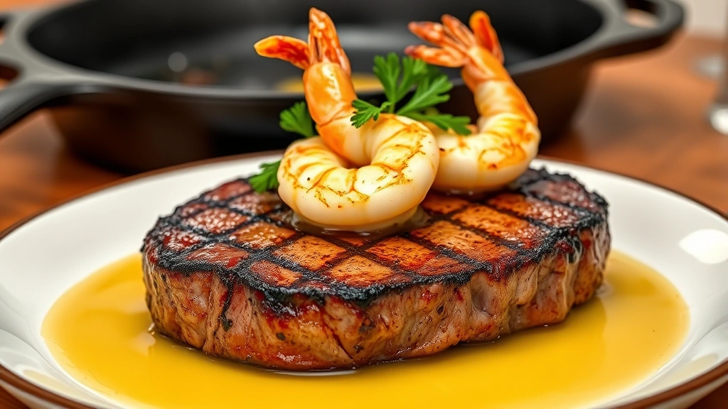 hero: perfectly seared steak topped with garlic butter shrimp, fresh parsley garnish, warm butter sauce pooling around, fine dining plating, photorealistic, natural warm lighting, no text, cast iron skillet in background