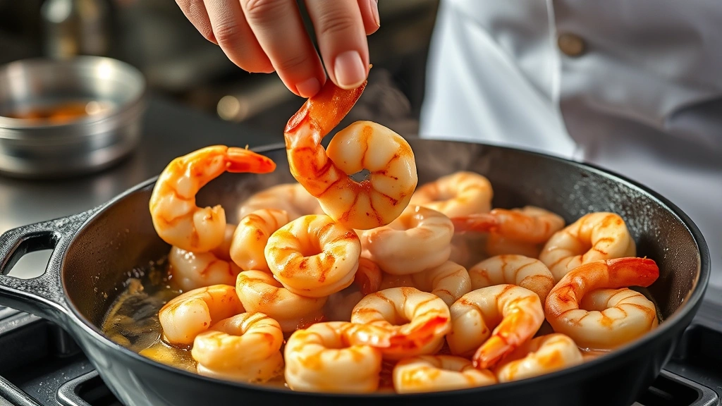 process: chef flipping shrimp in sizzling cast iron skillet with garlic butter, steam rising, golden brown shrimp, professional kitchen lighting, photorealistic, natural light, no text