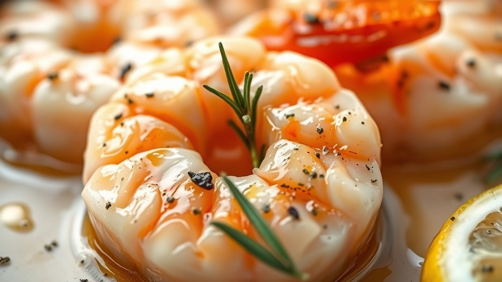 detail: close-up of herb butter coating tender pink shrimp, fresh thyme and rosemary visible, lemon juice drizzle, glistening pan sauce, shallow depth of field, photorealistic, natural warm lighting, no text
