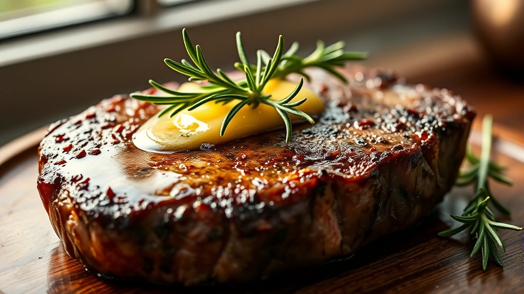 hero: golden steak butter with fresh rosemary sprigs on top of a perfectly seared ribeye steak, photorealistic, natural window light, no text, 16:9 ratio