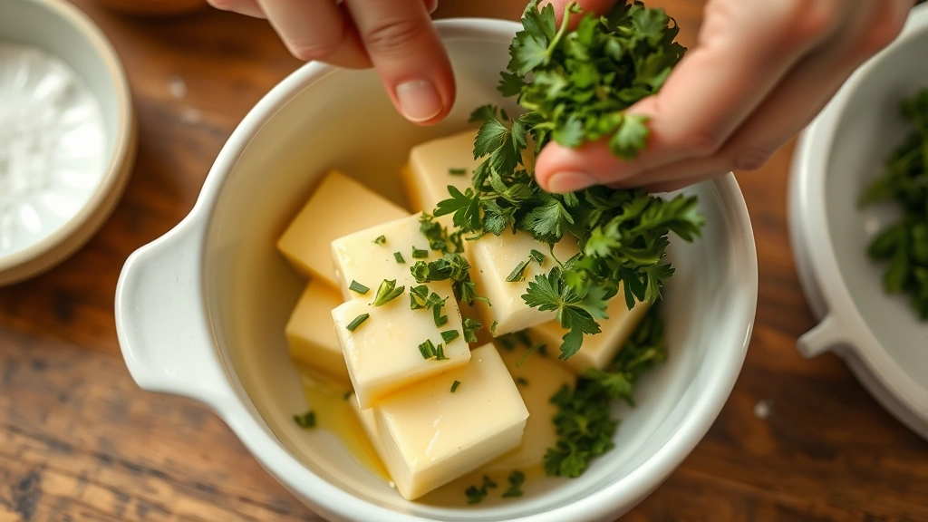process: hands folding fresh herbs into softened butter in a white ceramic bowl, photorealistic, warm kitchen lighting, no text, 1:1 ratio