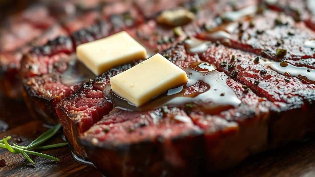 detail: close-up of sliced steak butter pats melting on a hot steak surface with herbs visible, photorealistic, macro photography, natural light, no text, 4:3 ratio