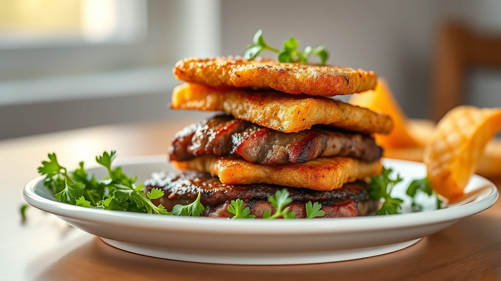 hero: golden crispy steak fingers stacked on white plate with fresh herbs garnish, shallow depth of field, warm natural window lighting, no text