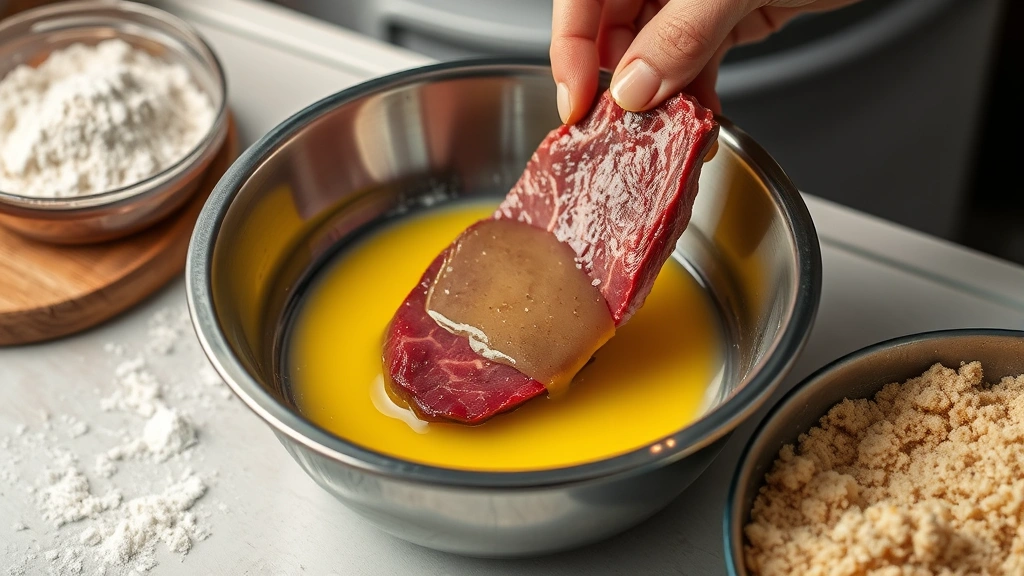 process: hand dipping beef strip into golden egg wash over stainless steel bowl with flour and breadcrumbs nearby, close kitchen lighting, no text