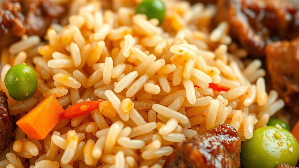 detail: close-up of steak fried rice showing individual grains of rice coated in sauce, tender steak pieces, peas and carrots, photorealistic, natural light, shallow depth of field, no text