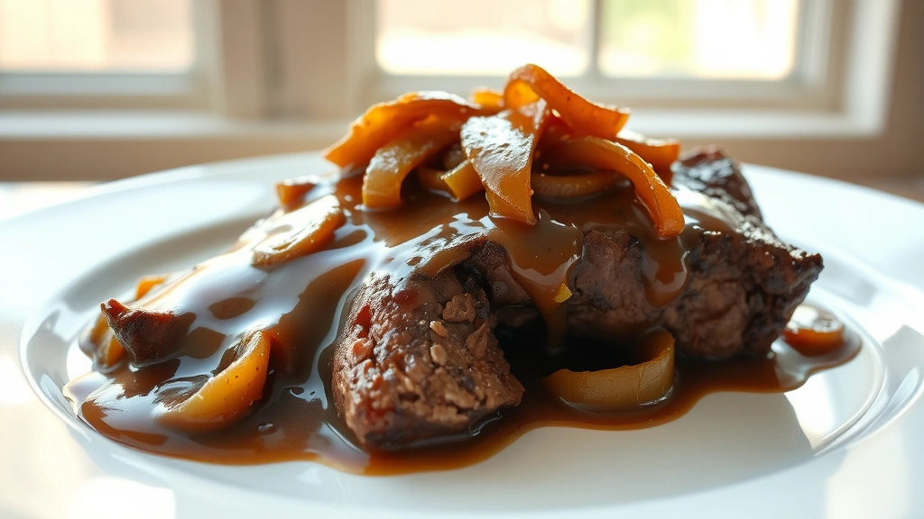 hero: tender crockpot steak with rich gravy and caramelized onions on white plate, photorealistic, natural daylight through window, no text, shallow depth of field, appetizing presentation