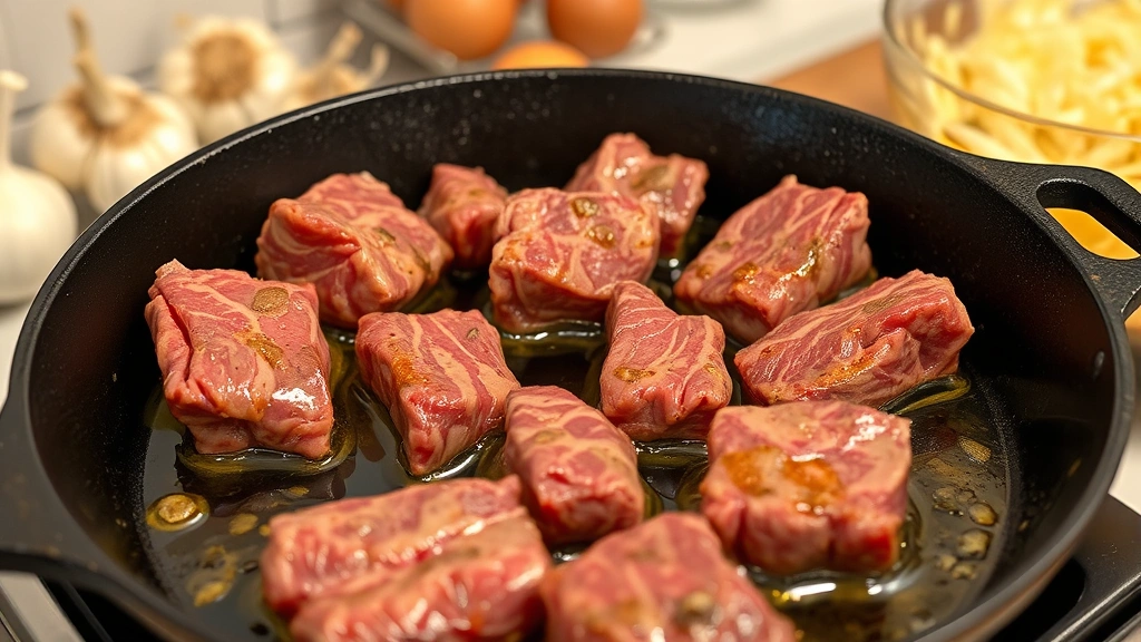 process: searing beef pieces in cast iron skillet with oil, golden brown crust forming, garlic and onions in background, photorealistic, natural kitchen light, no text, action shot