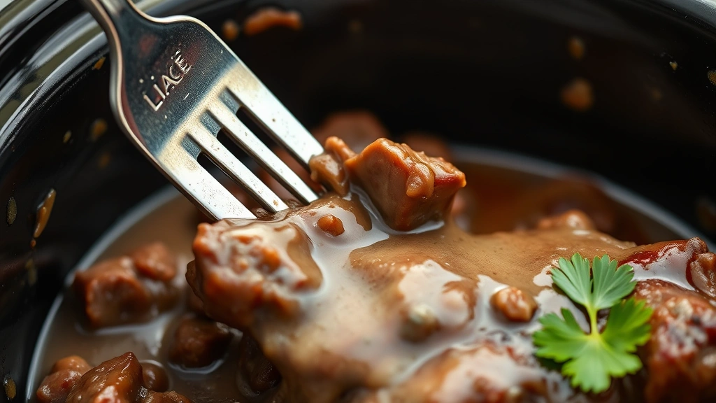 detail: close-up of fork cutting into crockpot steak showing tender texture, gravy coating meat, fresh parsley garnish visible, photorealistic, natural light, no text, macro photography