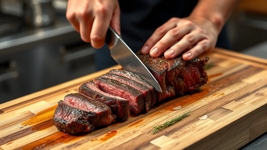 process: hand slicing rested steak against the grain on wooden cutting board, medium-rare interior visible, professional kitchen lighting, photorealistic, no text