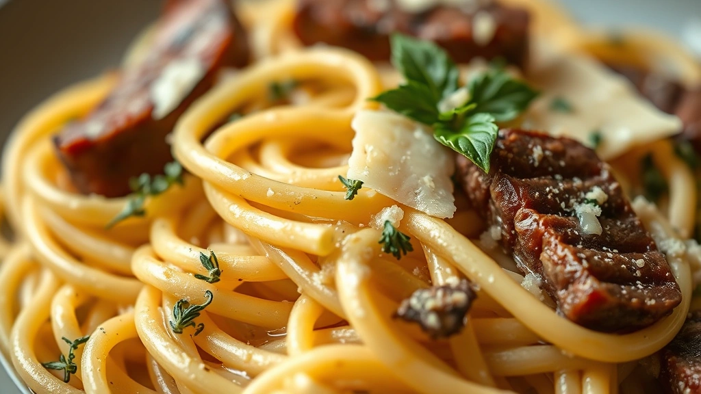 detail: close-up of pasta coated in silky sauce with thin steak slices, fresh thyme leaves and Parmesan visible, shallow depth of field, warm natural light, photorealistic, no text