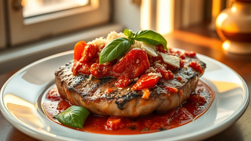 hero: plated steak pizzaiola with roasted peppers and tomato sauce, garnished with fresh basil and parmesan, warm golden lighting from side window, rustic Italian plating on white ceramic dish, no text or watermarks