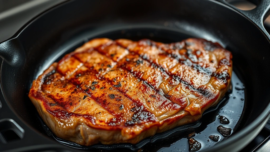 process: searing steak in cast iron skillet with visible crust formation, golden brown beef, professional kitchen lighting, shallow depth of field, no text or watermarks