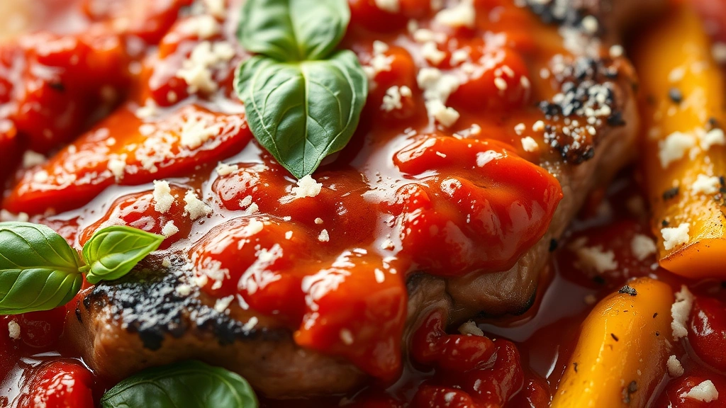 detail: close-up of finished dish showing tender steak with glossy tomato sauce, roasted red and yellow peppers, fresh basil leaves, grated parmesan cheese, natural soft lighting, extreme close-up macro photography, no text or watermarks