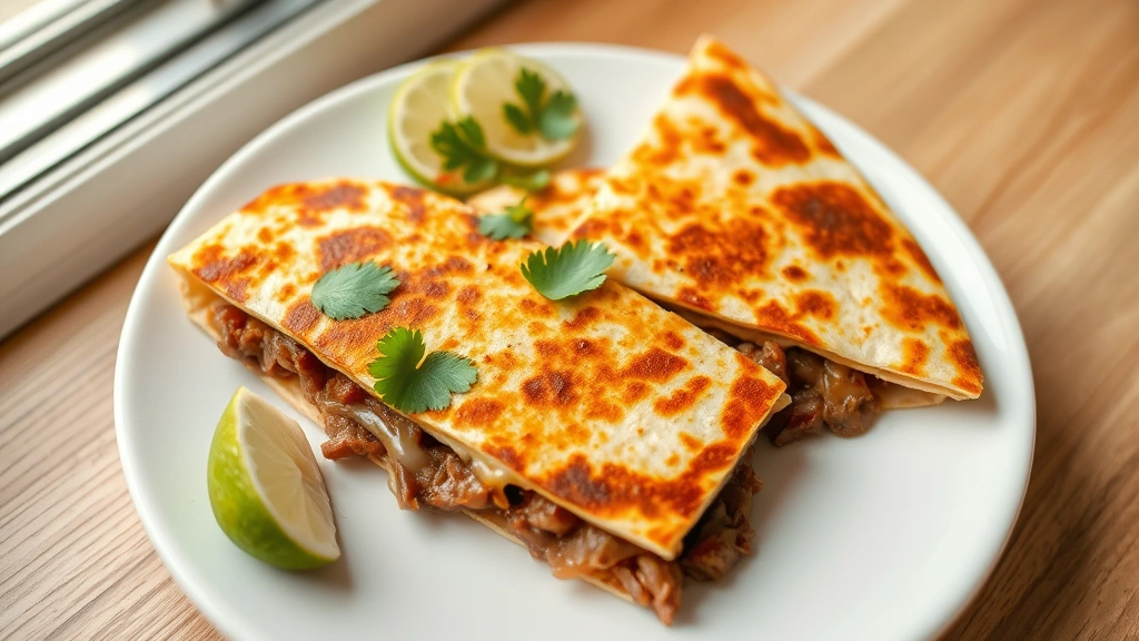 hero: golden-brown steak quesadilla cut into triangles on white plate, melted cheese visible, garnished with fresh cilantro and lime wedge, soft natural window light, top-down angle, no text or watermarks