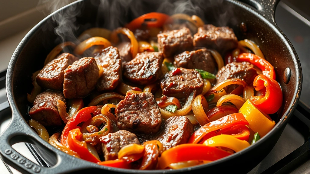 process: sizzling steak strips and caramelized onions and peppers in cast iron skillet, butter glistening, vibrant colors, steam rising, natural daylight from side, no text or watermarks