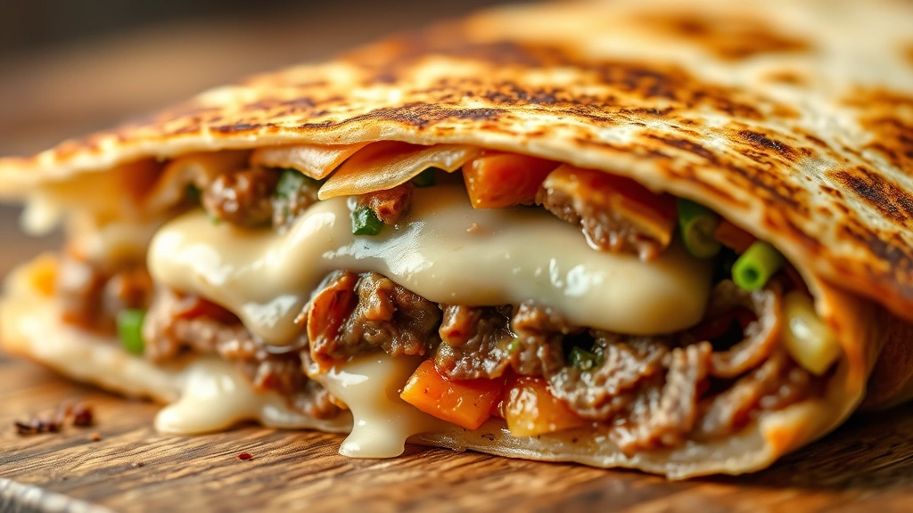 detail: close-up macro shot of quesadilla cross-section showing layers of melted cheese, tender steak, and vegetables, soft focus background, warm natural lighting highlighting cheese pull, no text or watermarks