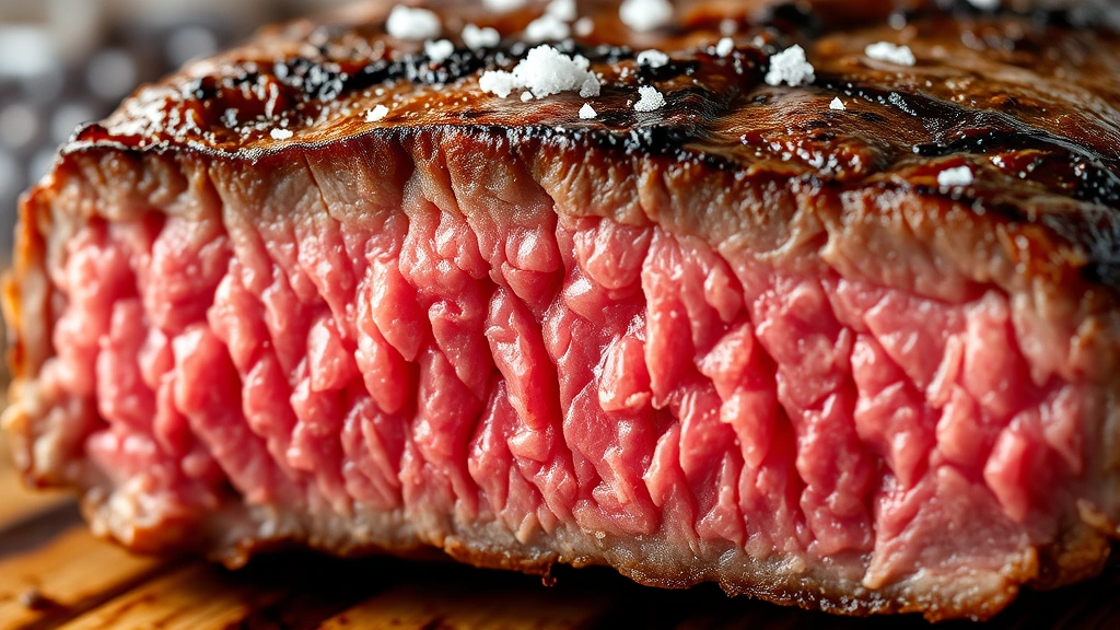 detail: close-up cross-section of cooked steak showing medium-rare pink center and brown crust, salt crystals visible on top, photorealistic, natural light, no text, food photography style
