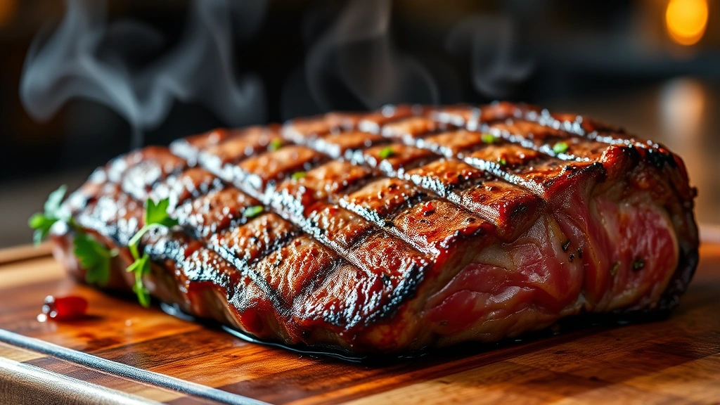 hero: perfectly cooked ribeye steak with caramelized brown crust from rub, grill marks visible, placed on wooden cutting board, fresh herbs garnish, warm golden lighting, steam rising, appetizing and restaurant-quality appearance, no text or watermarks