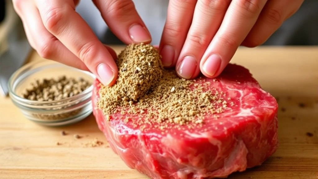 process: hands pressing dry steak rub onto raw steak, close-up of spices adhering to meat surface, small bowl of seasoning mix visible, natural kitchen lighting, action shot showing technique, no text or watermarks