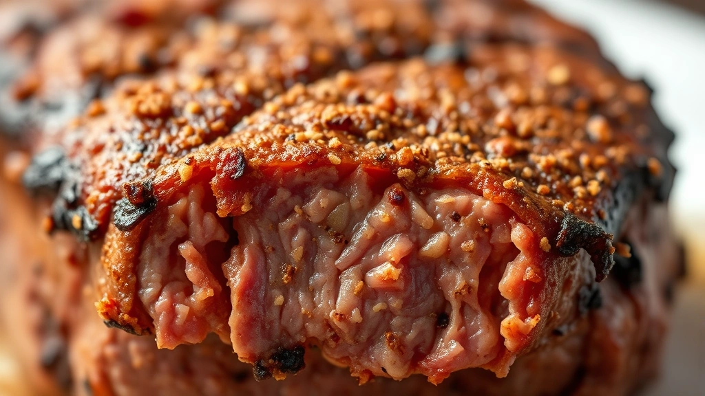 detail: close-up macro shot of cooked steak crust showing caramelized spice rub texture, crusty exterior with char marks, juicy interior visible in cross-section, warm studio lighting highlighting spice particles, food photography style, no text or watermarks