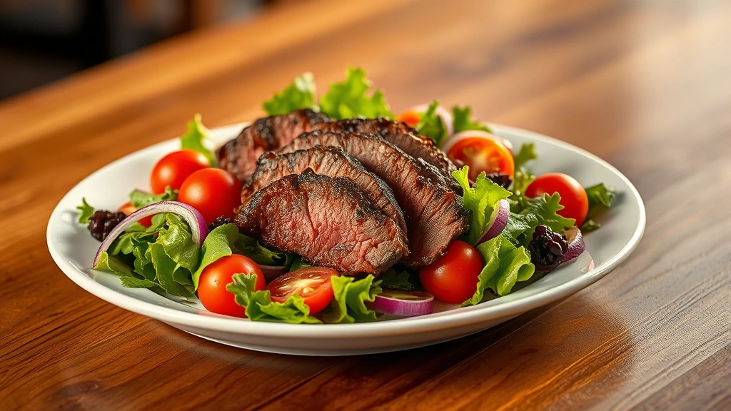 hero: plated steak salad with warm sliced steak on mixed greens, cherry tomatoes, and red onions, warm golden lighting, wooden table background, no text