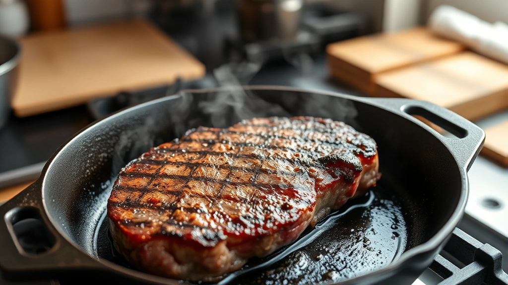 process: seared steak in cast iron skillet with beautiful brown crust, steam rising, professional kitchen setting, natural daylight, no text