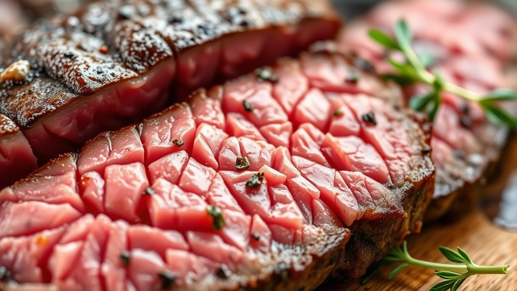 detail: close-up of sliced steak showing pink medium-rare interior, glistening with juices, fresh herbs visible, shallow depth of field, no text