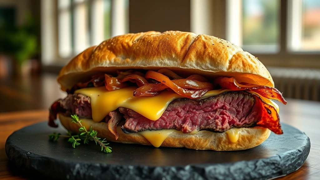 hero: gourmet steak sandwich with melted cheddar cheese, caramelized onions, and horseradish mayo on ciabatta roll, photorealistic, natural daylight streaming through windows, sandwich cut diagonally showing juicy pink steak interior, served on dark slate plate with fresh thyme garnish, no text
