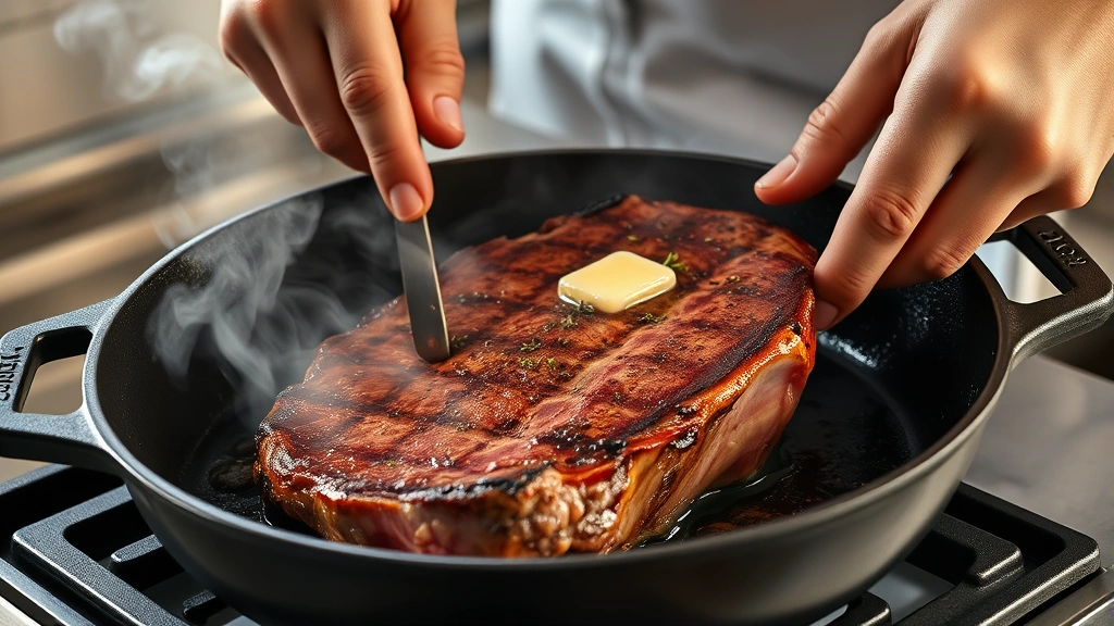 process: chef's hands searing thick ribeye steak in cast iron skillet with butter and thyme, smoke rising, photorealistic, warm kitchen lighting, golden-brown crust forming on meat, no text