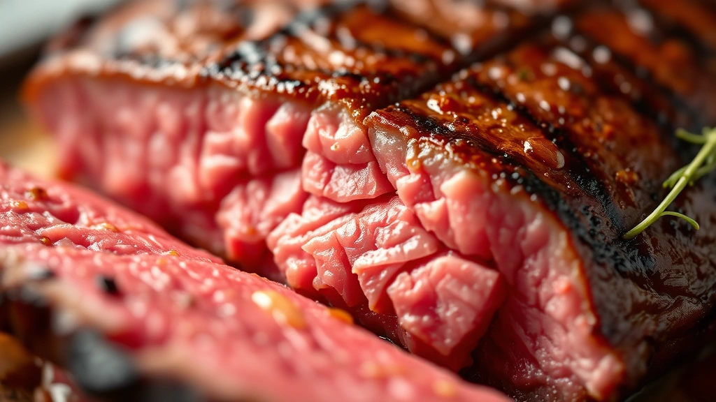 detail: close-up macro shot of sliced steak showing perfect medium-rare pink center with caramelized golden crust, glistening with buttery juices, photorealistic, shallow depth of field, natural light, no text