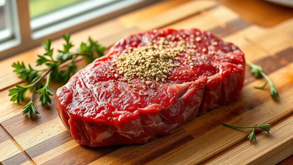 hero: perfectly seasoned raw ribeye steak on wooden cutting board with steak seasoning blend sprinkled on top, fresh herbs nearby, warm natural window light, no text, professional food photography