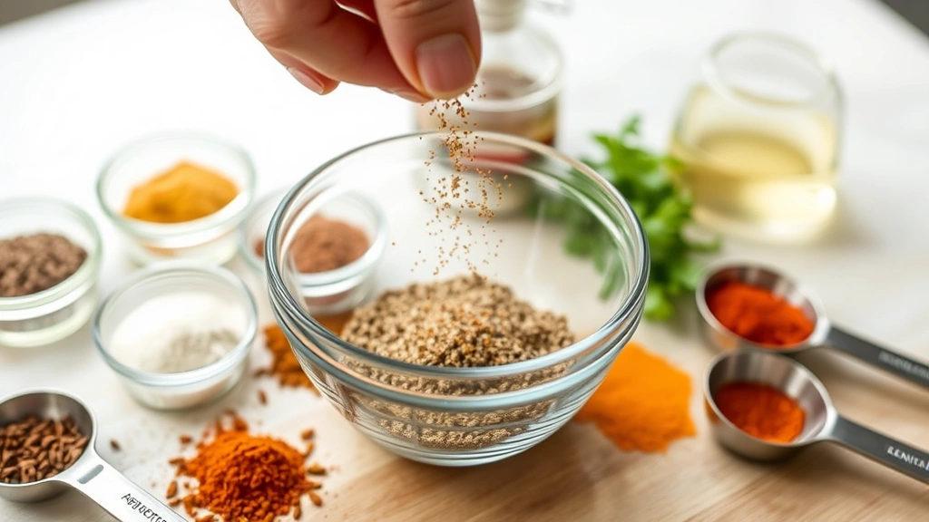 process: hand sprinkling homemade steak seasoning blend into small glass bowl with various spices arranged around it, measuring spoons visible, natural kitchen light, no text