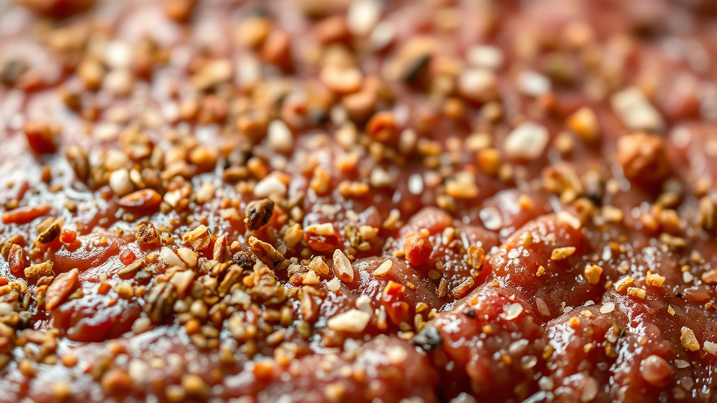 detail: close-up macro shot of steak seasoning blend texture showing individual spice particles and salt crystals, shallow depth of field, warm natural light, no text