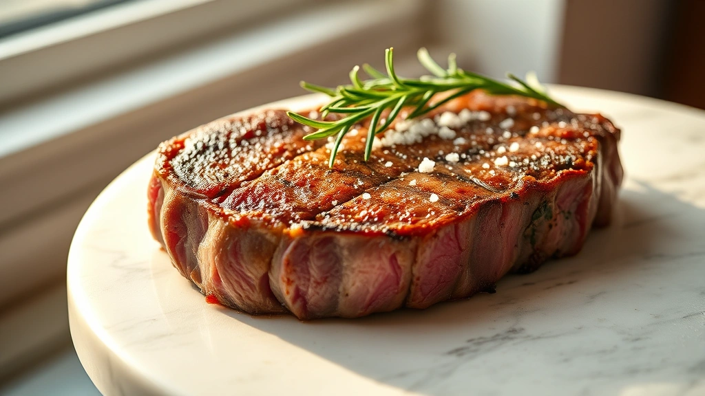 hero: perfectly seared ribeye steak with golden crust, topped with fresh rosemary sprigs and coarse sea salt, resting on white marble, photorealistic, warm natural light from side window, shallow depth of field, no text