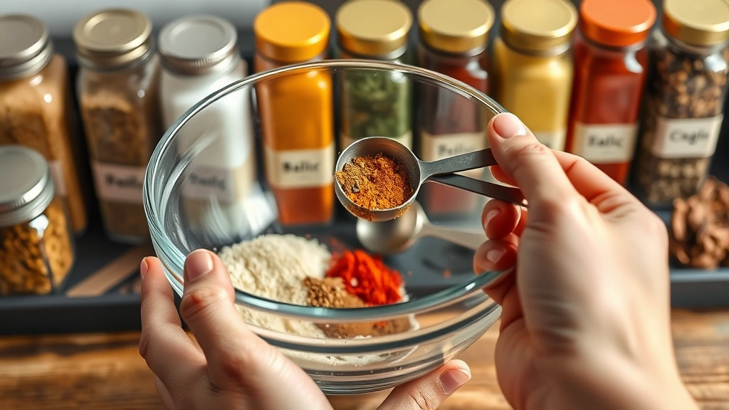 process: hands measuring dried spices into clear glass bowl, garlic powder and paprika visible, stainless steel measuring spoons, organized spice jars in background, photorealistic, bright natural light, no text